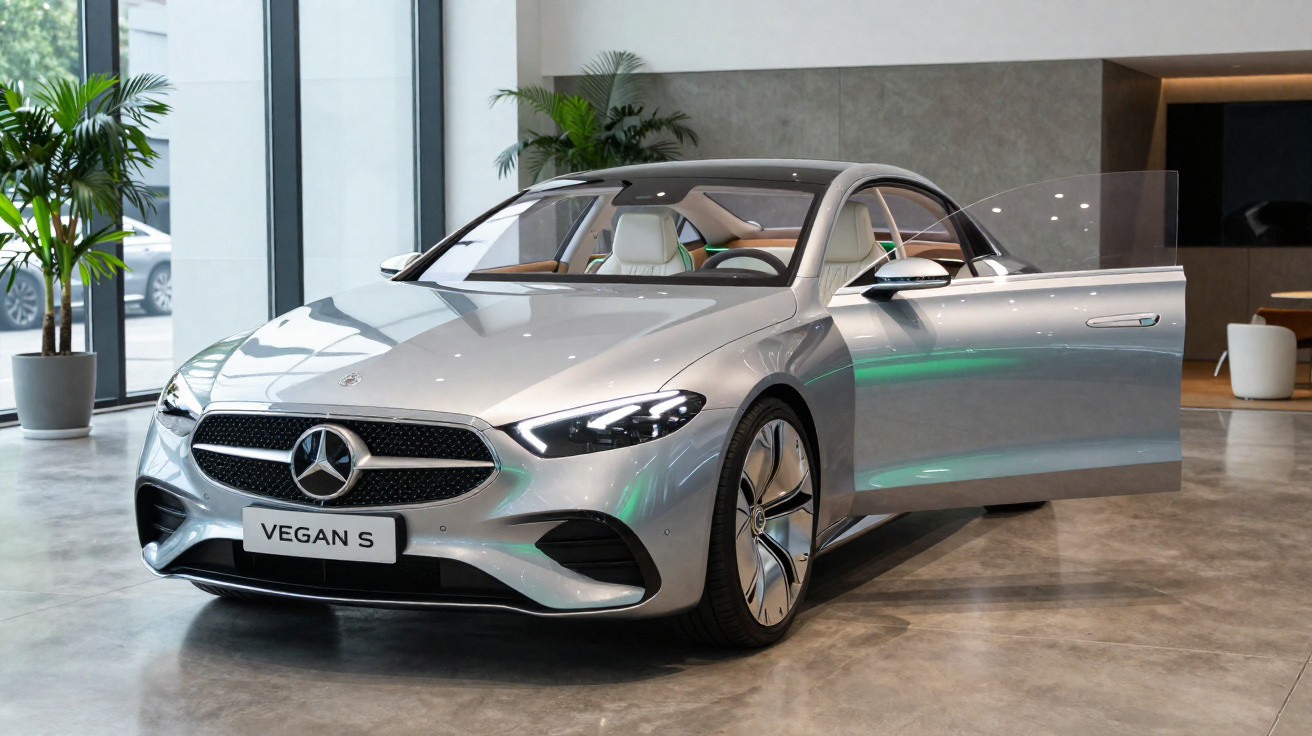 Carro Mercedes-Benz prata com porta dianteira direita aberta em showroom moderno e iluminado.