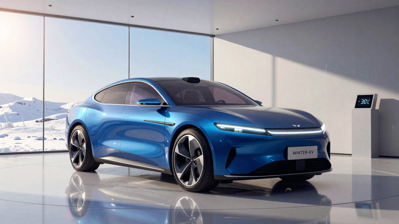 Carro elétrico azul sofisticado em ambiente interno com janela de vidro mostrando paisagem nevada.