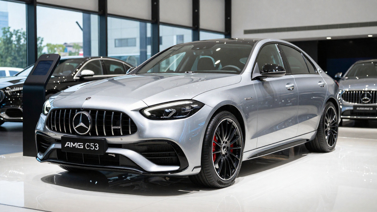 Carro prata Mercedes-Benz AMG C53 em exposição dentro de showroom moderno.