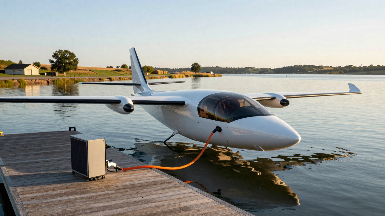 Avião elétrico branco conectado à estação de recarga na beira de um lago ao pôr do sol.