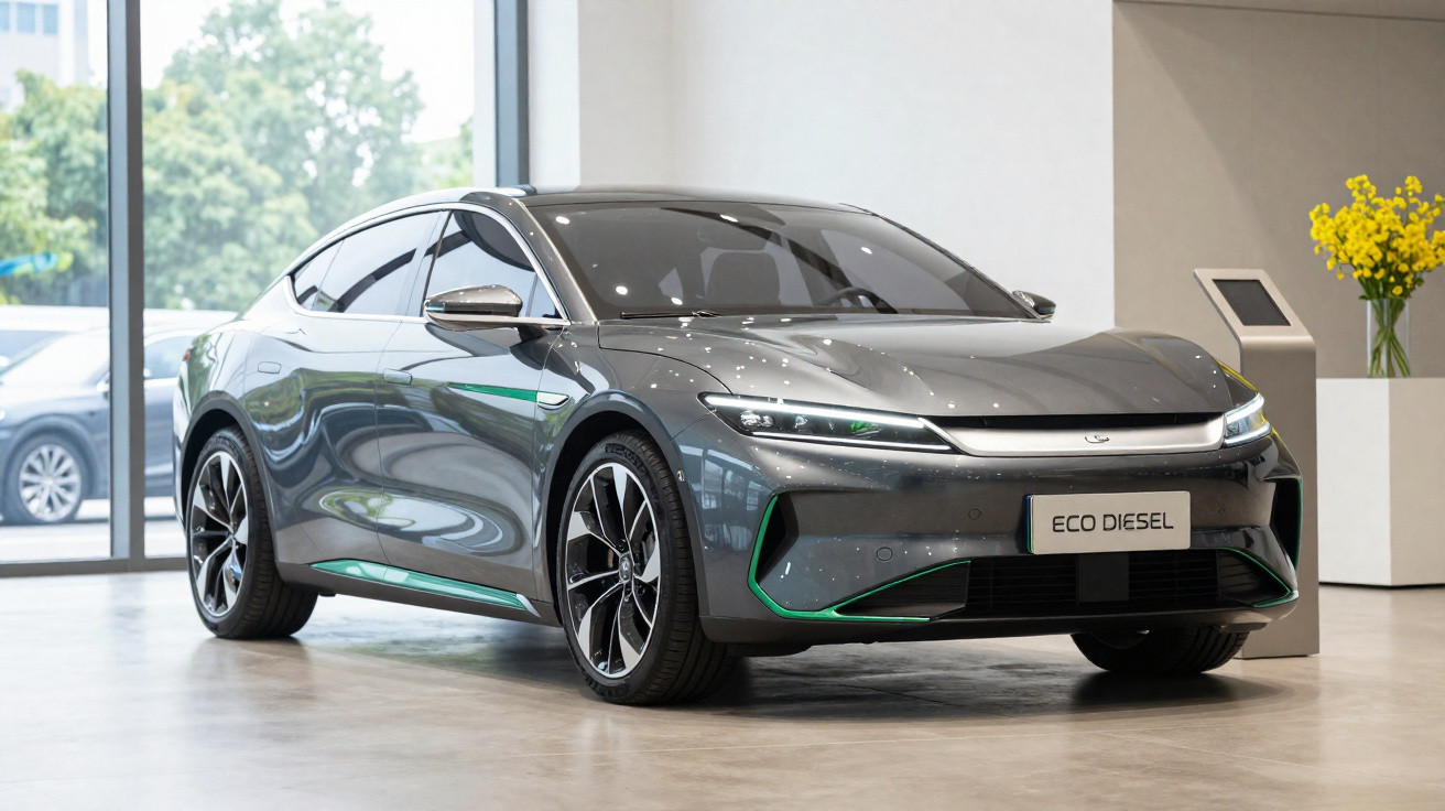Carro cinza moderno com detalhes verdes em exposição interna, placa "ECO DIESEL" visível na frente.