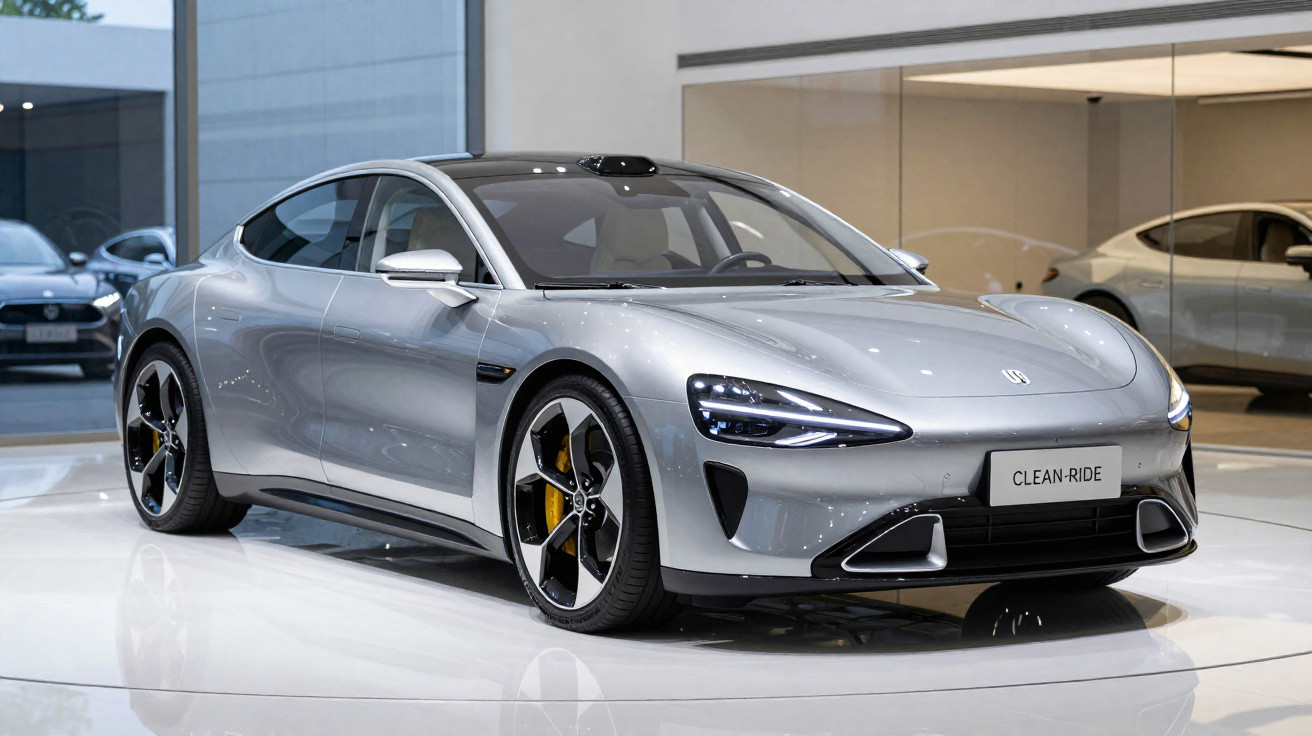 Carro elétrico prata Clean-Ride exibido em showroom moderno com design aerodinâmico e rodas esportivas.