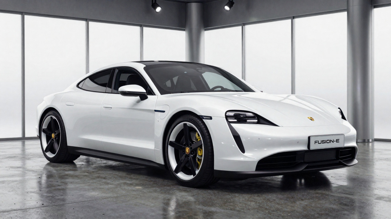 Carro esportivo branco Porsche elétrico modelo Fusion-E estacionado em ambiente interno moderno.
