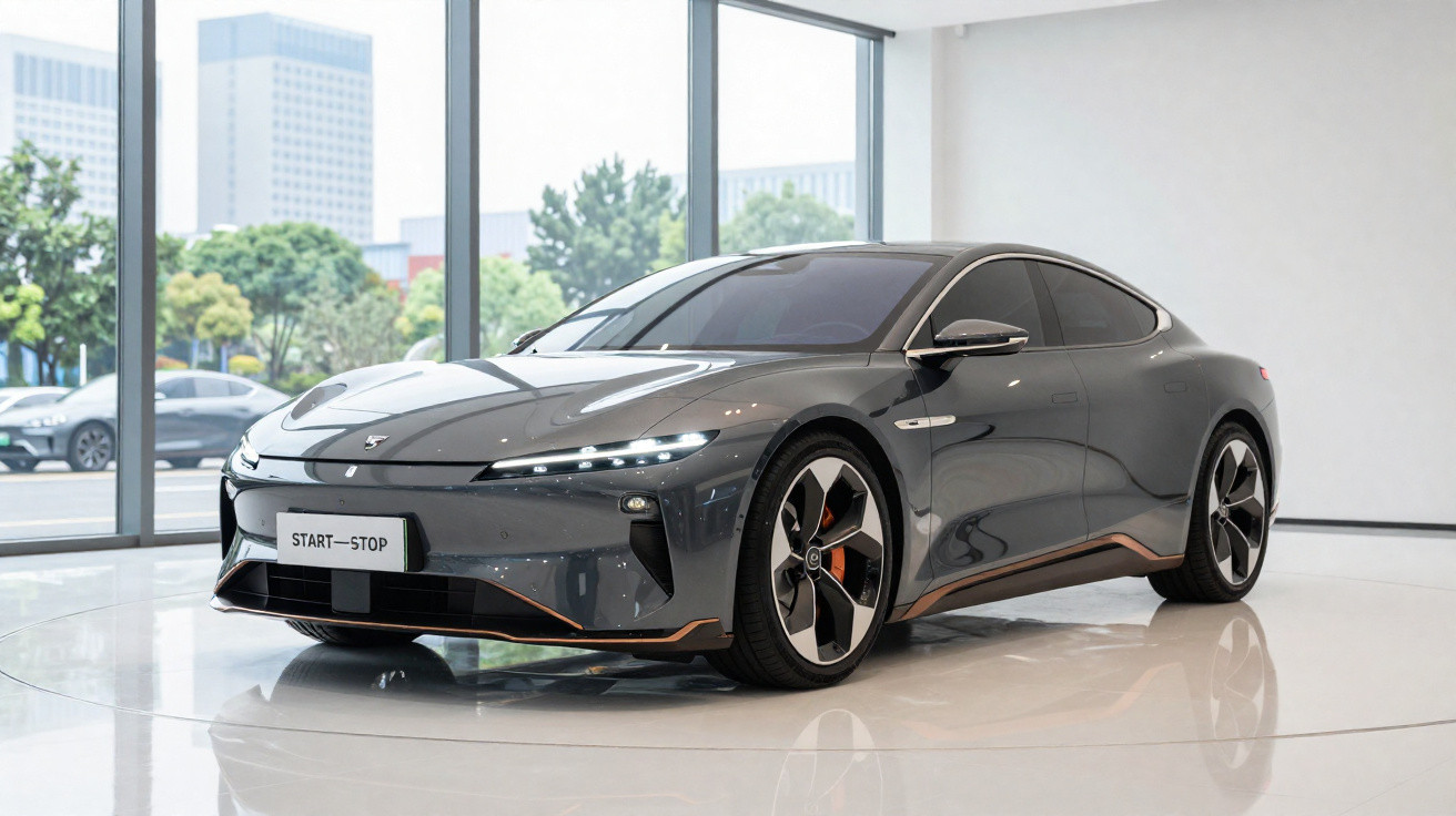 Carro elétrico esportivo cinza com design futurista exibido em showroom com janelas grandes.
