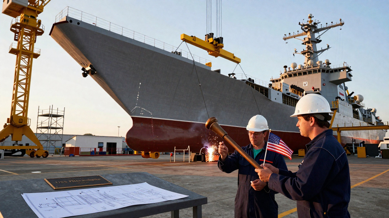 Dois trabalhadores com capacetes inspecionam maquete naval perto de grande navio militar em doca.