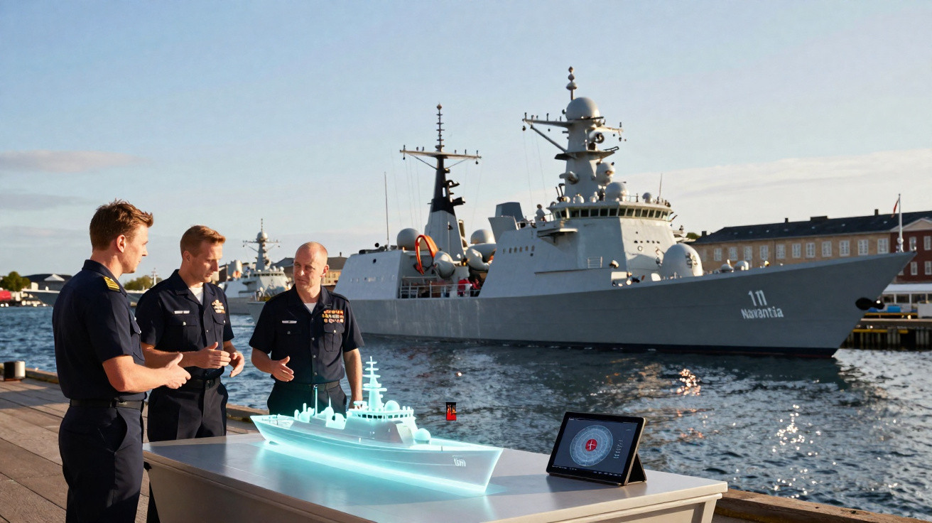 Três homens da marinha observando maquete iluminada de navio em frente a grande embarcação naval no cais.