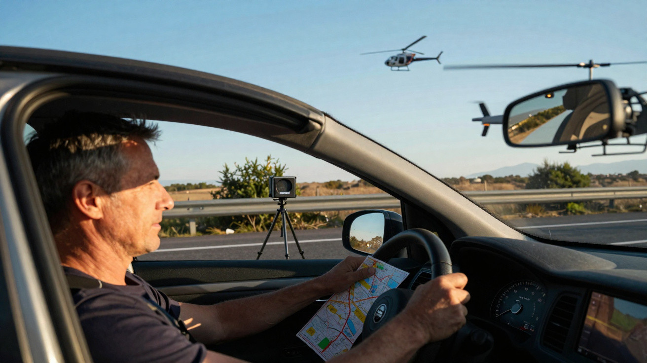 Homem dirige carro segurando mapa, com helicóptero voando visível no retrovisor e câmera apontada na estrada.