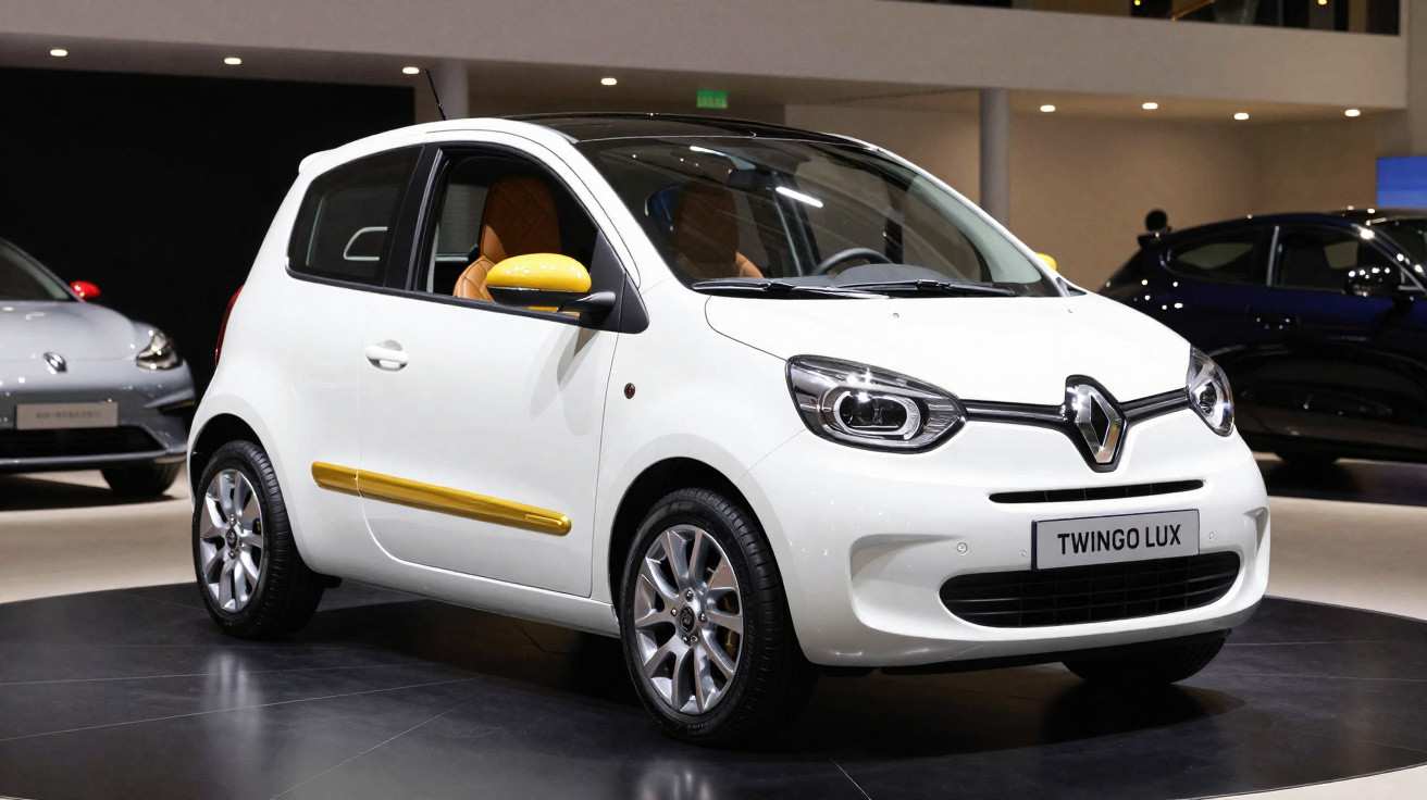 Carro compacto branco Renault Twingo Lux em exposição com detalhes amarelos nas portas e retrovisores.