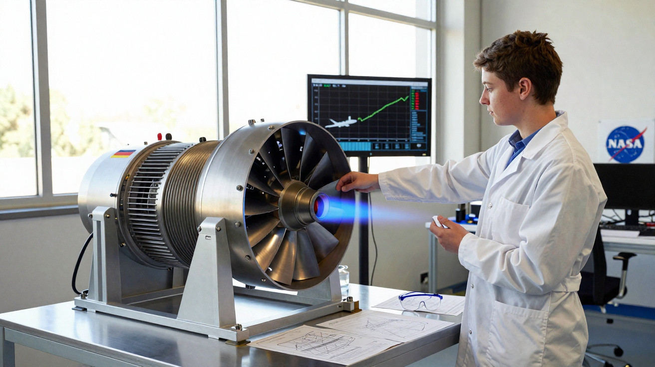 Pessoa com jaleco branco operando motor a jato em laboratório com monitores e logotipo da NASA ao fundo.