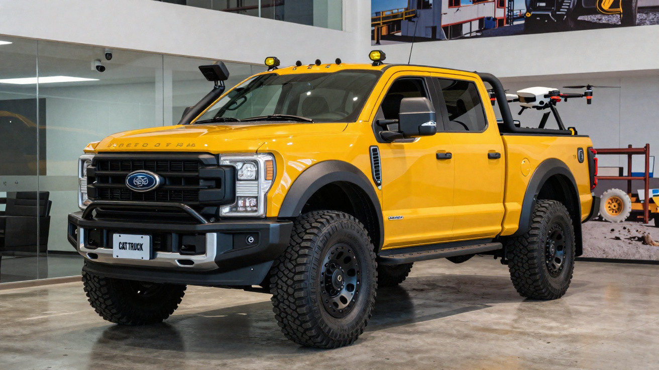 Picape amarela Ford Raptor parked inside a showroom com drone na caçamba.