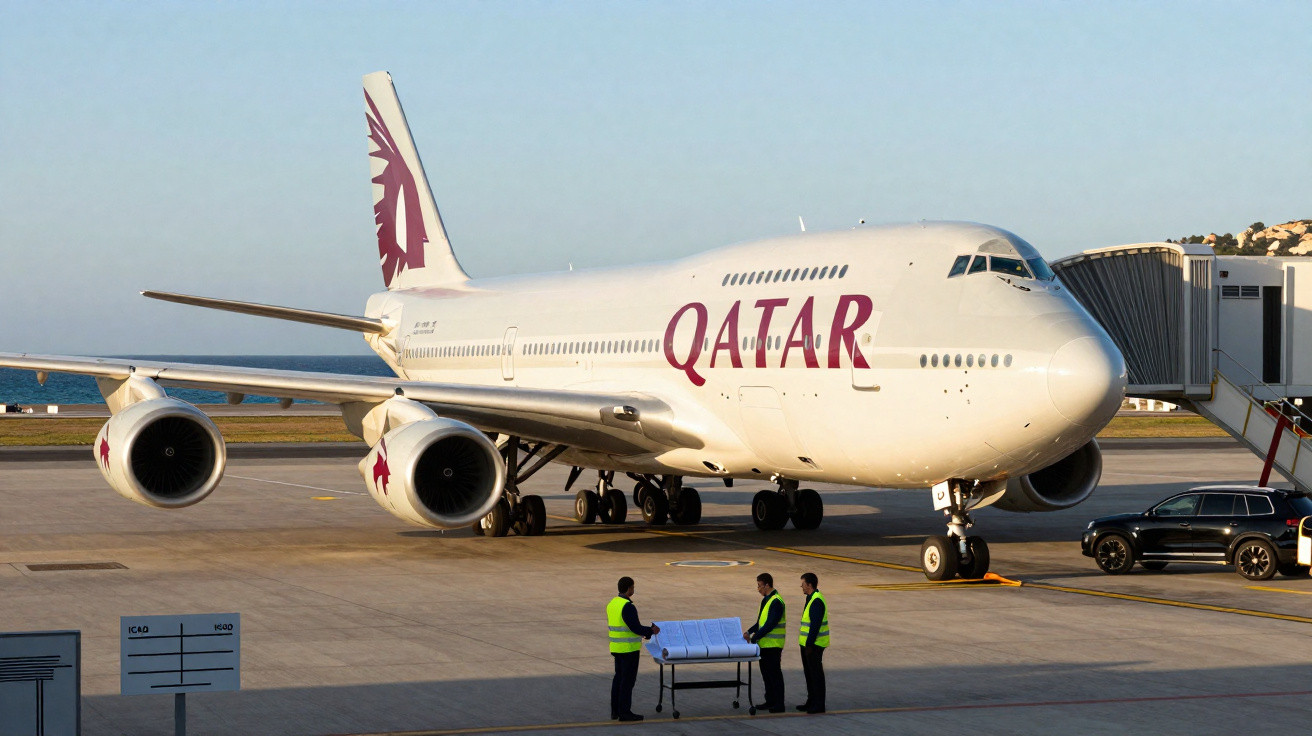 Avião da Qatar Airways estacionado no aeroporto com três funcionários vestindo coletes amarelos discutindo documentos.