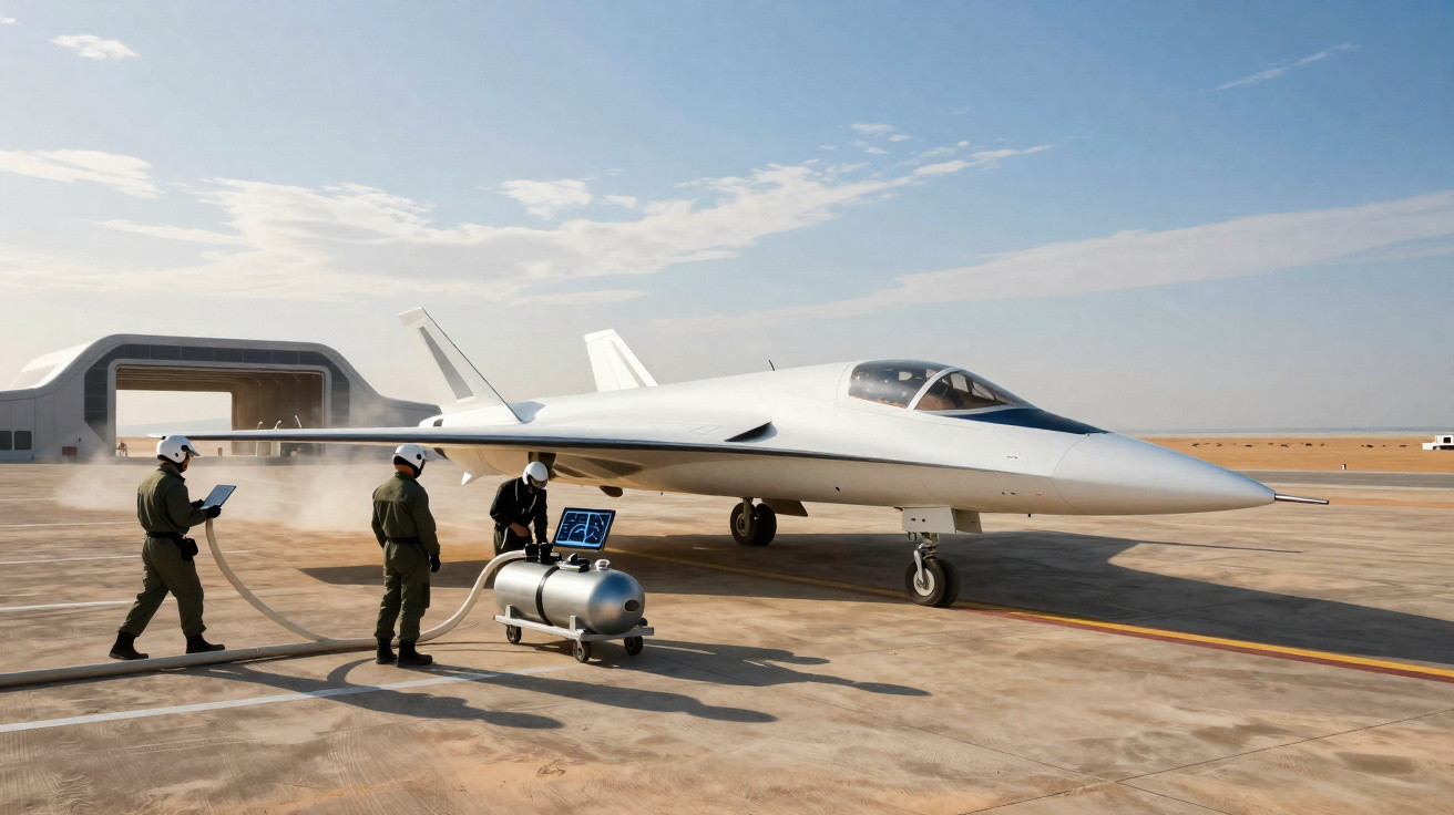 Avião futurista branco na pista sendo abastecido por três militares com equipamento tecnológico.