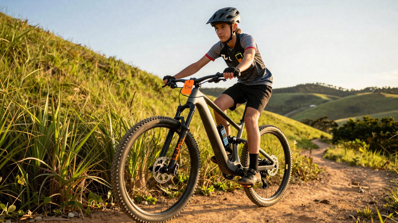 Jovem pedalando mountain bike em trajeto de terra cercado por vegetação e colinas ao pôr do sol.