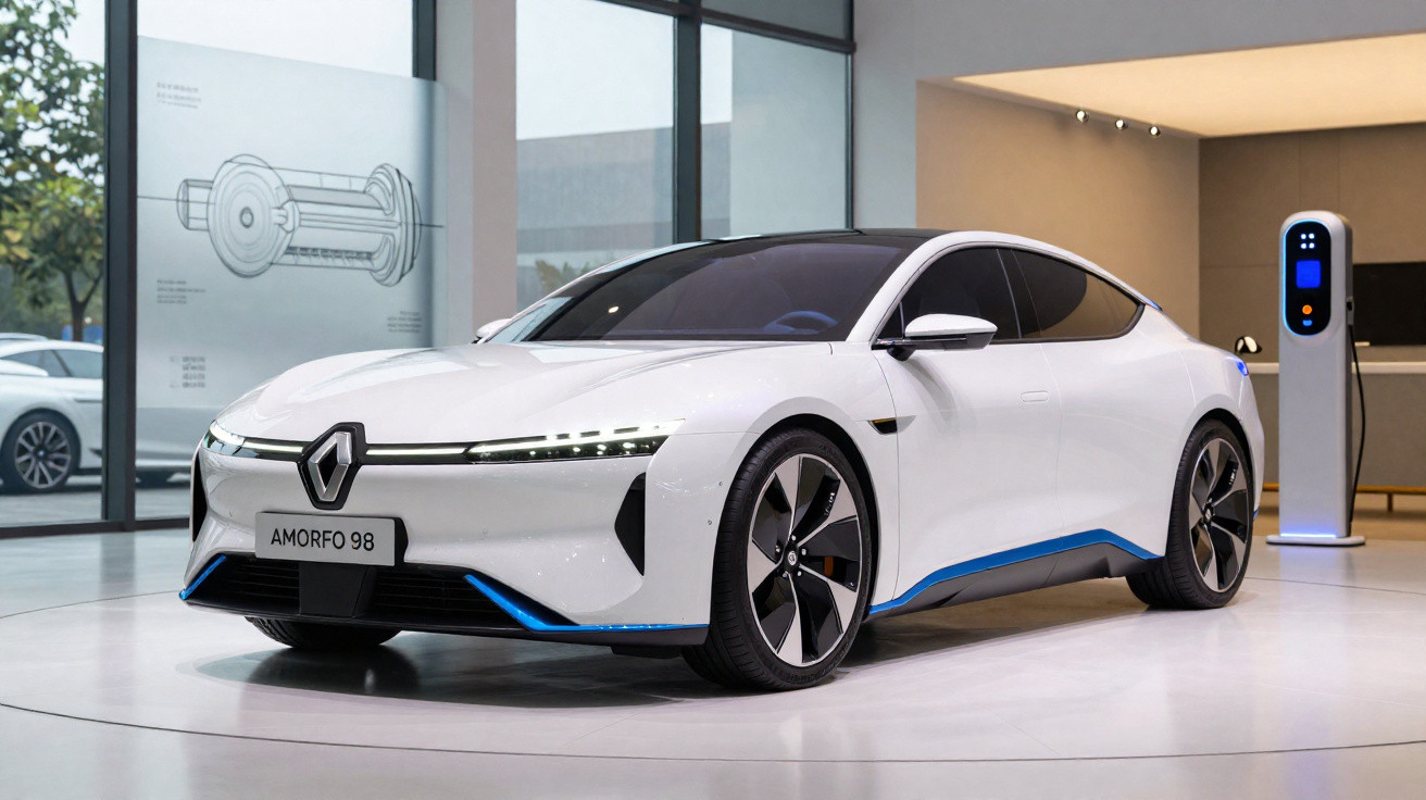 Carro elétrico branco Renault Amorfo 98 em exposição, com estação de carregamento ao lado.