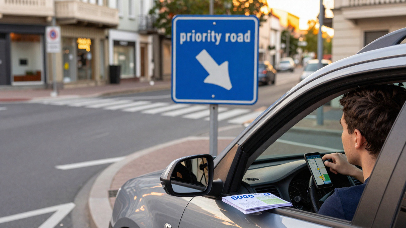 Homem em carro consulta GPS enquanto está parado em cruzamento com placa de prioridade à direita.