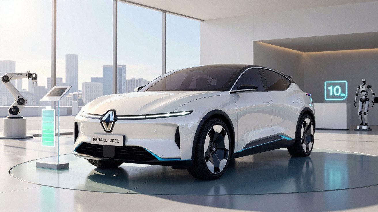 Carro elétrico branco Renault 2030 em showroom futurista com telas digitais e robôs ao fundo.