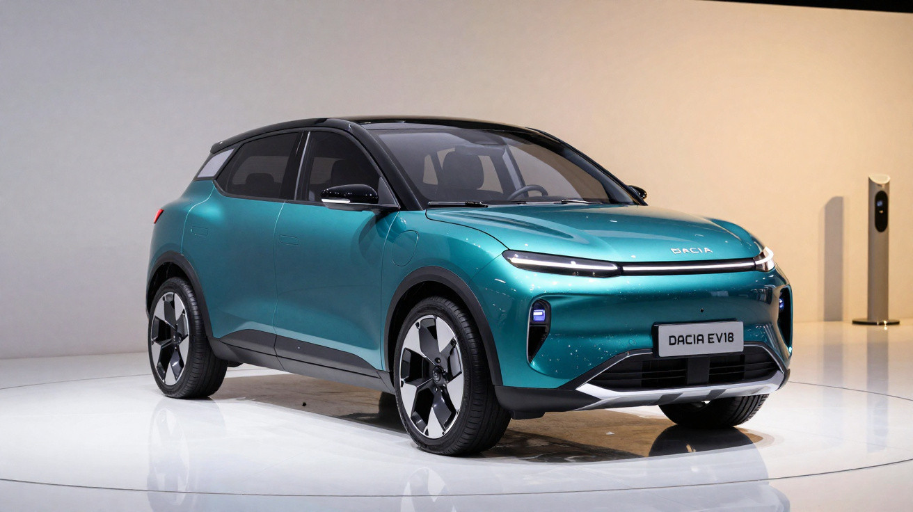 Carro elétrico Dacia EV18 azul metálico exibido em ambiente interno com iluminação suave.