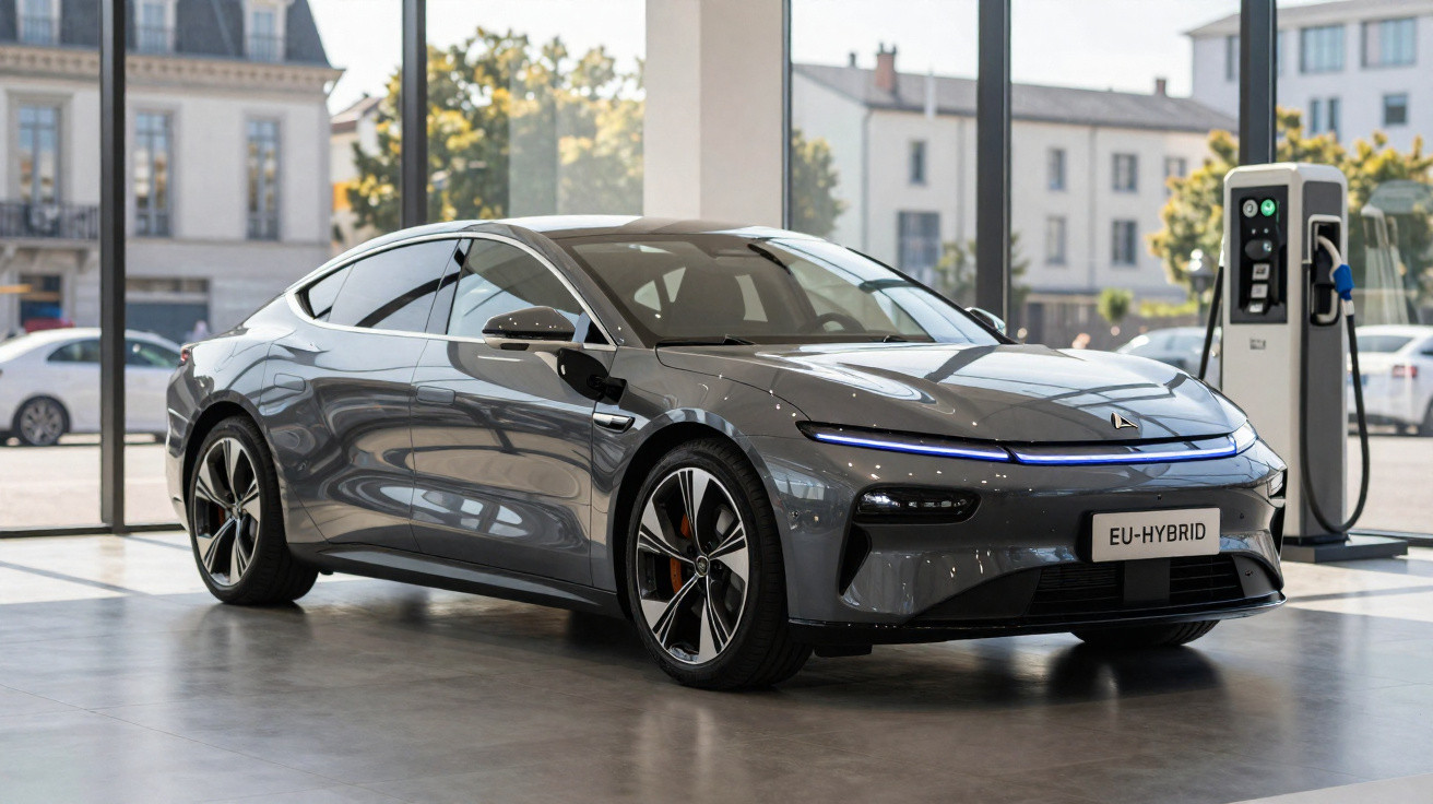 Carro elétrico cinza estacionado em showroom moderno, com estação de recarga ao lado e janelas grandes ao fundo.