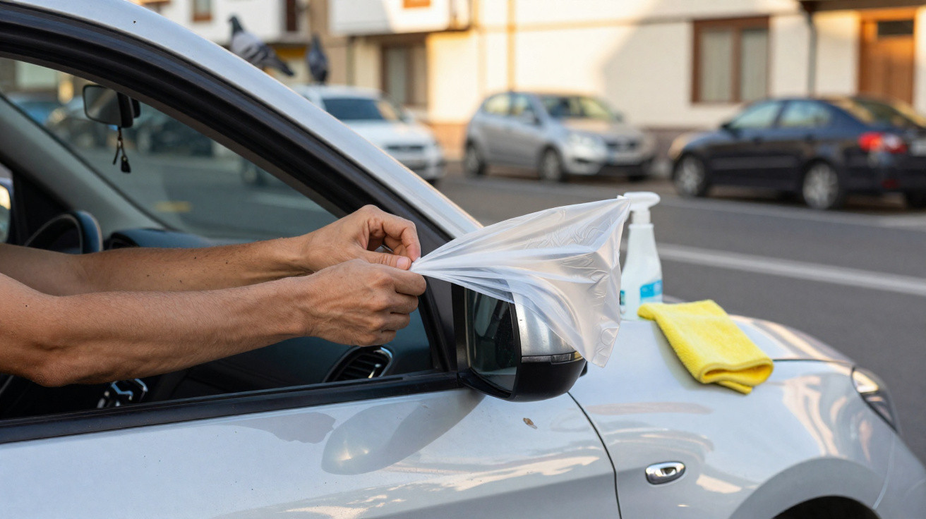 Pessoa colocando plástico protetor no retrovisor de um carro cinza estacionado na rua.