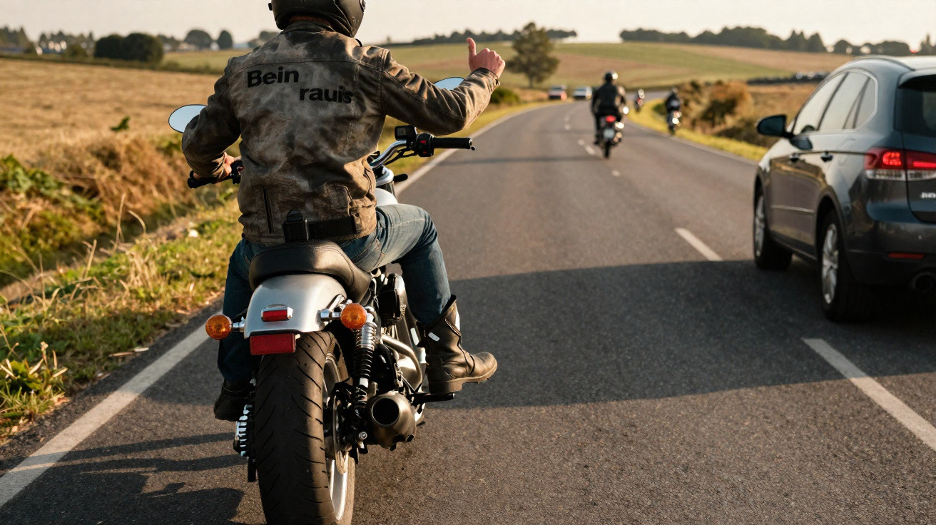 Motociclista de jaqueta escura faz sinal com a mão direita em estrada asfaltada com outros veículos ao redor.