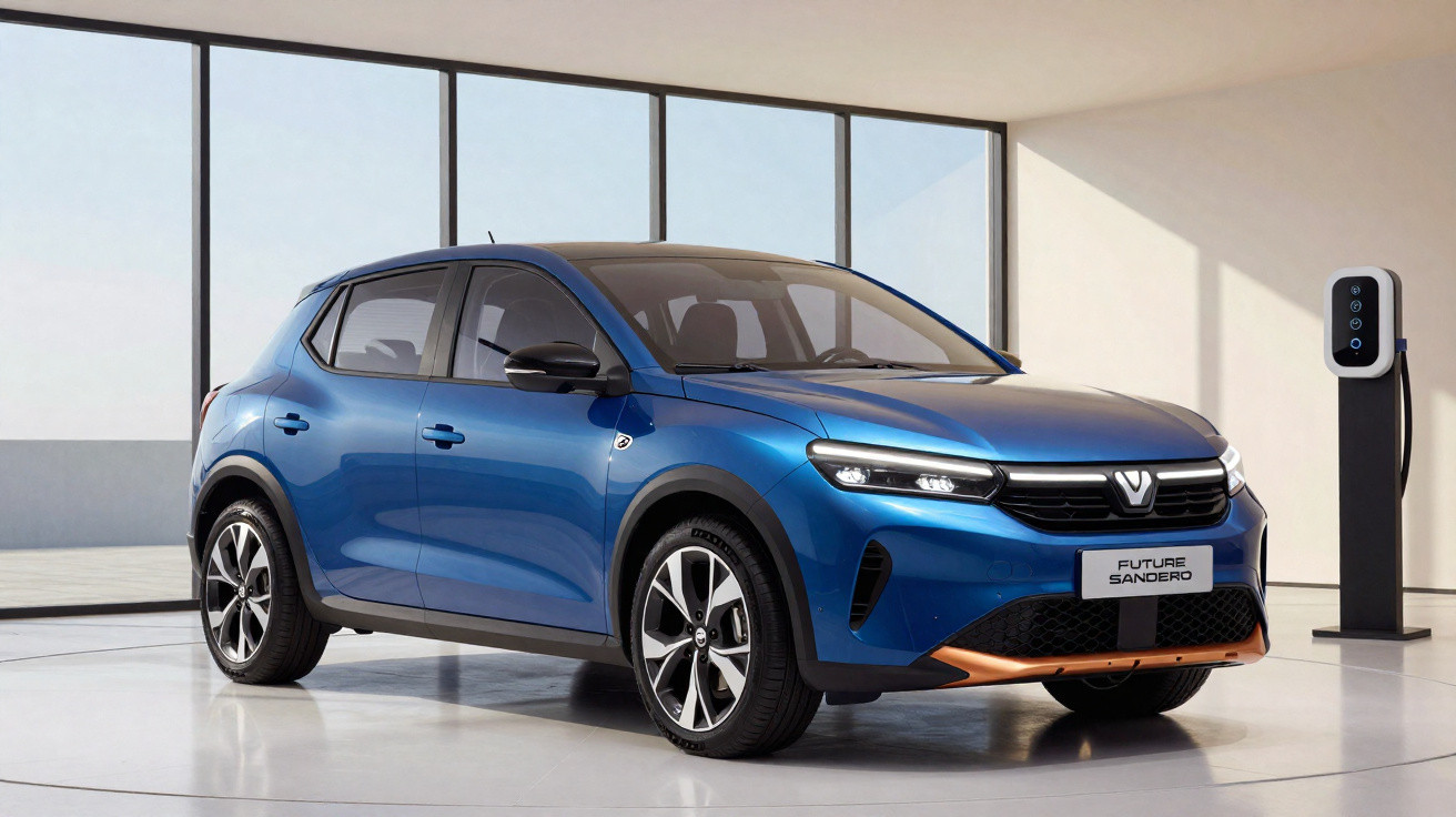 SUV compacto elétrico azul estacionado em ambiente interno ao lado de carregador veicular.