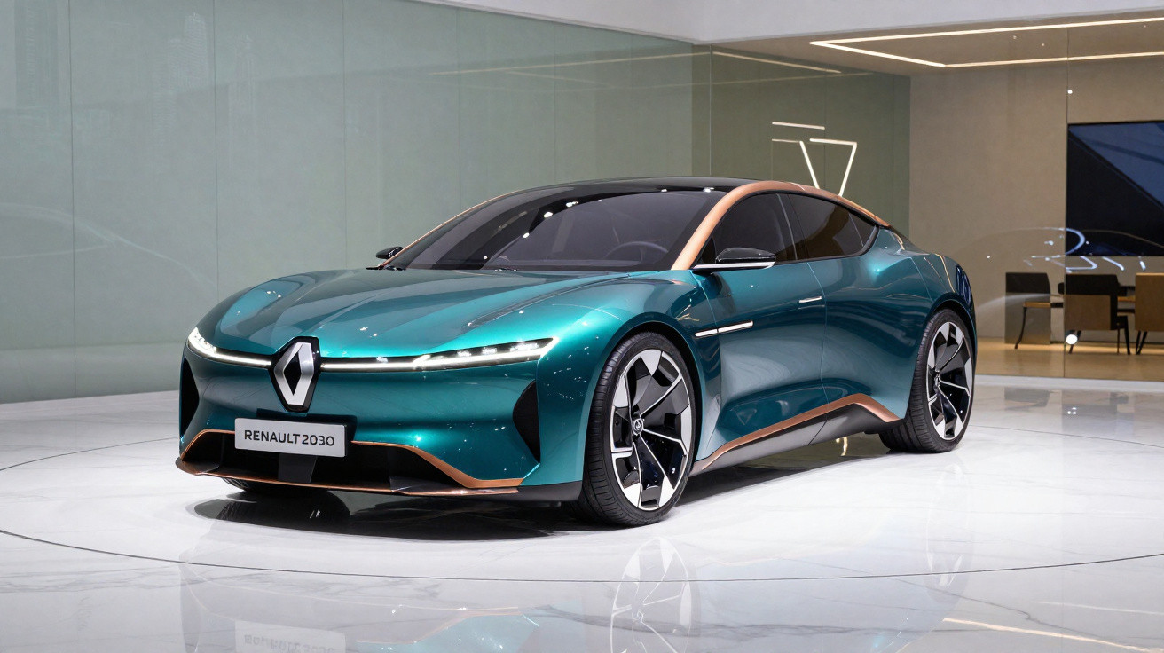 Carro conceito Renault 2030 verde metálico exibido em ambiente interno moderno e iluminado.