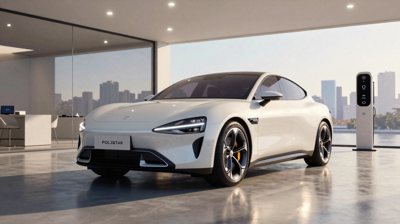 Carro elétrico branco Polestar estacionado em área moderna com carregador ao fundo e arranha-céus na paisagem.