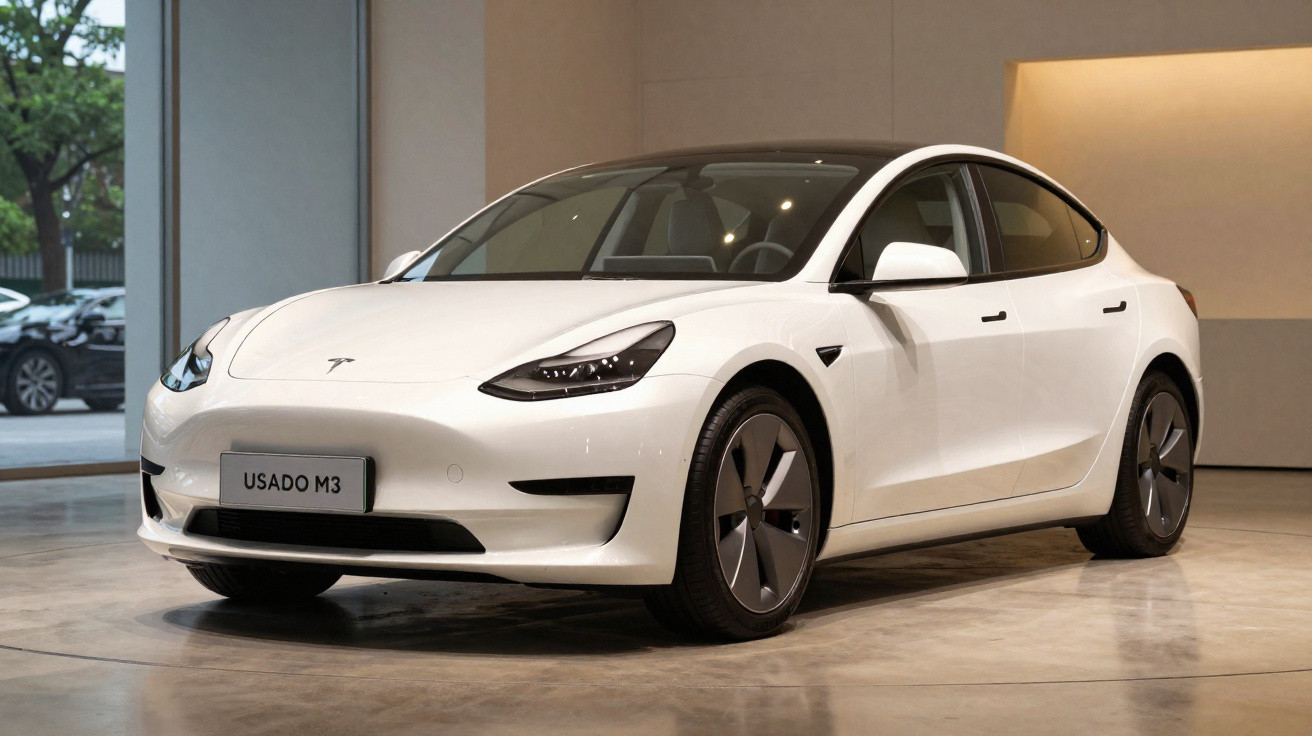 Carro elétrico Tesla Model 3 branco exposto em showroom moderno com piso de cimento polido.