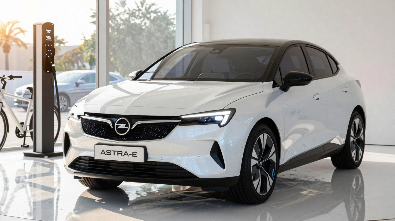 Carro elétrico branco Opel Astra-e estacionado em showroom, ao lado de estação de carregamento e bicicleta.
