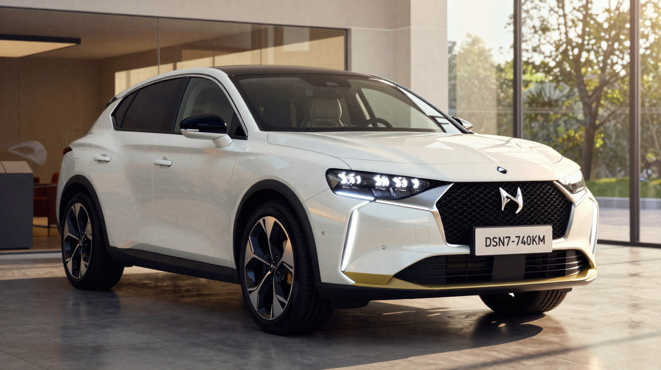 Carro SUV branco estacionado em garagem moderna com vidro, luzes de LED acesas e rodas esportivas negras.