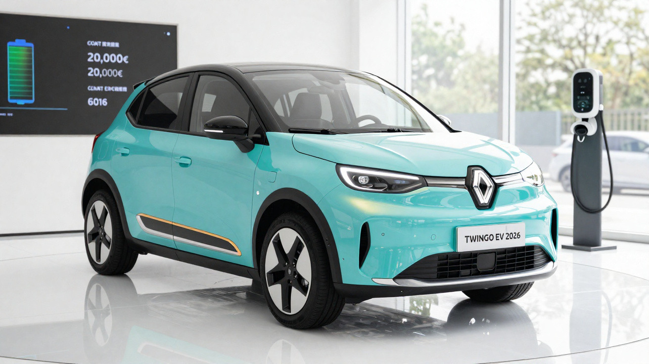 Carro elétrico Renault Twingo EV 2026 azul em showroom, próximo a estação de recarga.