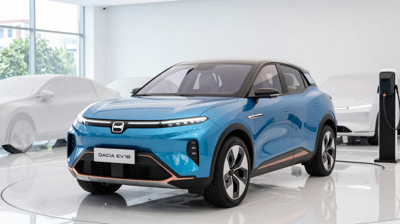 Carro elétrico azul Dacia EV1 8 em exposição, com carregador ao lado em ambiente interno moderno.