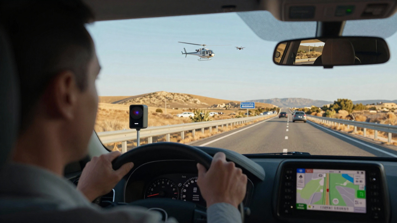 Motorista dirigindo em rodovia com helicóptero e drone sobrevoando, e carro com GPS na tela do painel.