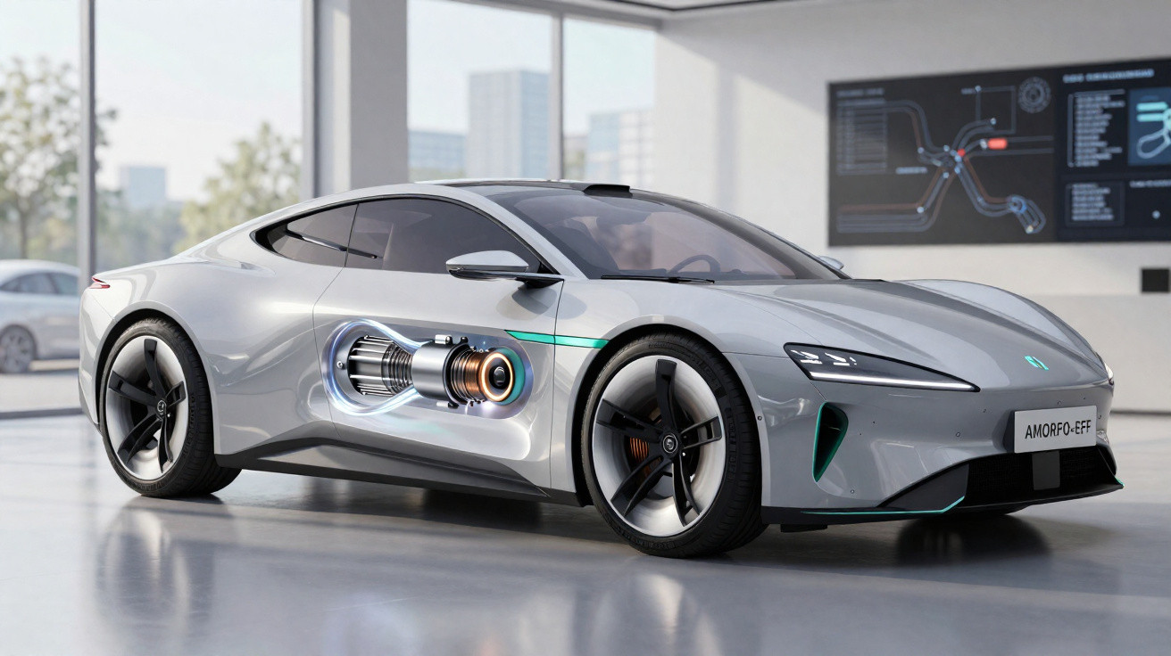 Carro esportivo prata em showroom, com tecnologia interna de motor elétrico destacada na lateral.