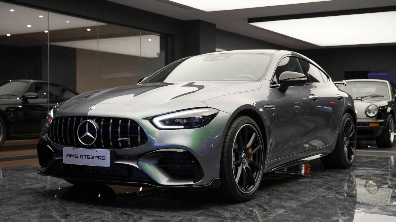 Mercedes-Benz AMG GT 63 PRO cinza estacionado em showroom com piso de mármore preto brilhante.