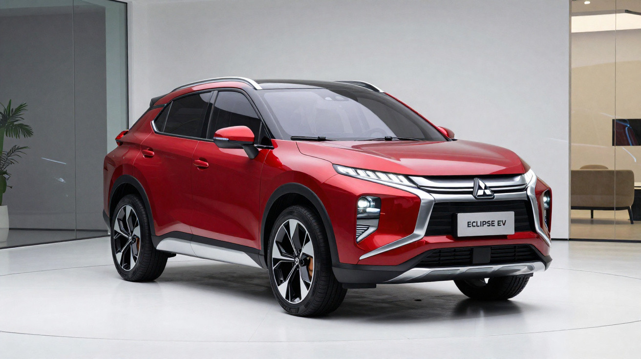 Carro SUV elétrico Mitsubishi Eclipse EV na cor vermelha em ambiente interno moderno.