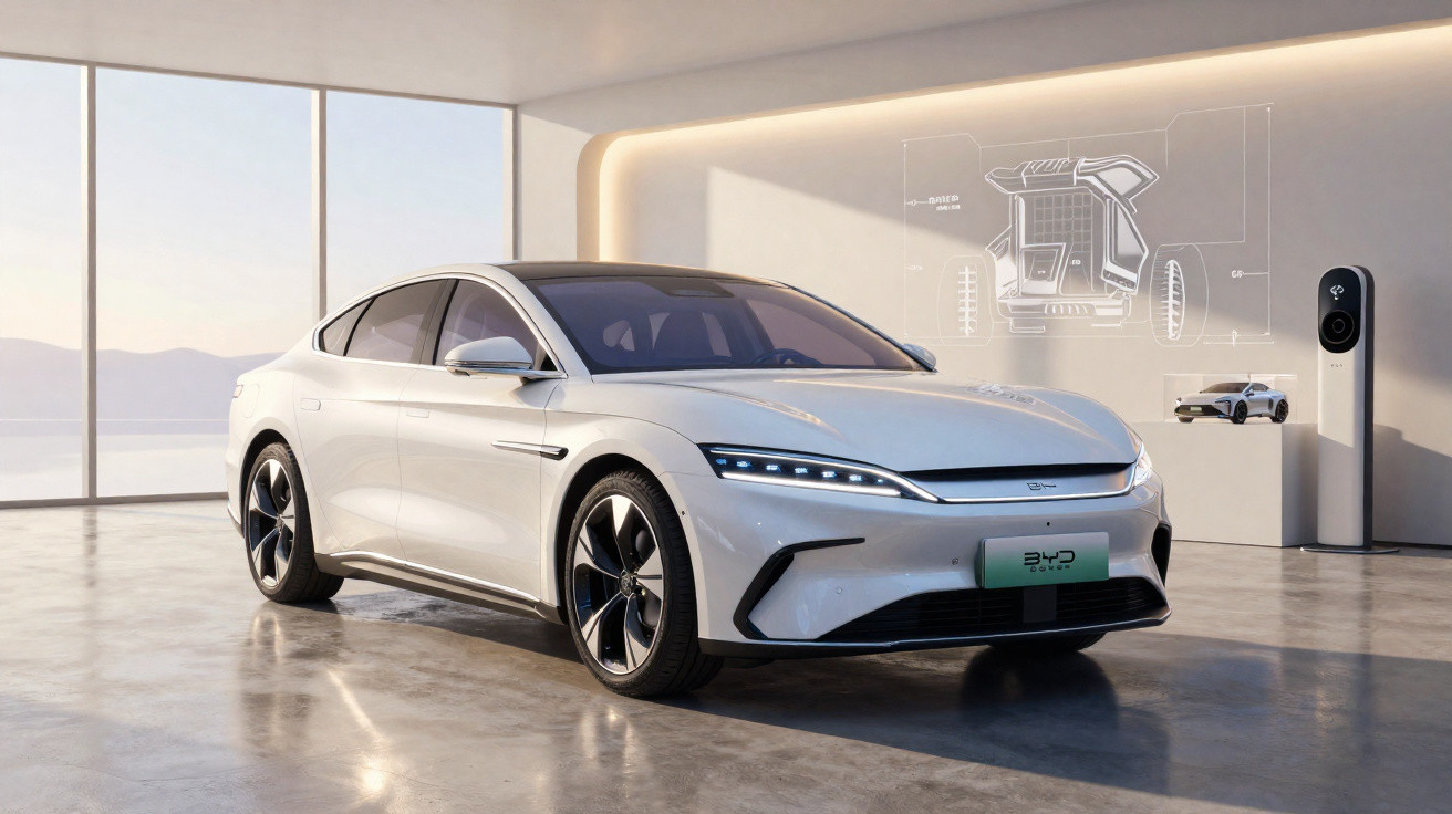 Carro elétrico branco estacionado em ambiente interno moderno com parede de vidro e projeção técnica ao fundo.