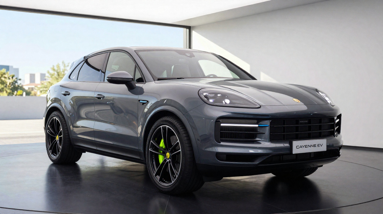 Carro SUV Porsche Cayenne EV cinza estacionado em salão moderno com teto branco e janela de vidro.