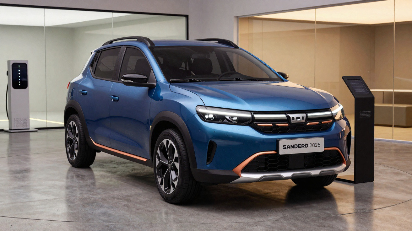 Carro azul Sandero 2026 em showroom moderno com detalhes em cobre e vidros escurecidos.