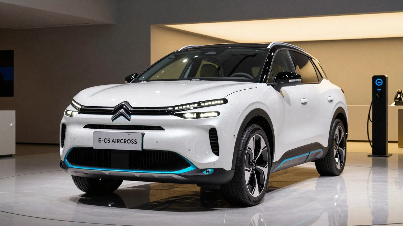 Carro elétrico Citroën E-C5 Aircross branco estacionado em ambiente interno com carregador ao fundo.