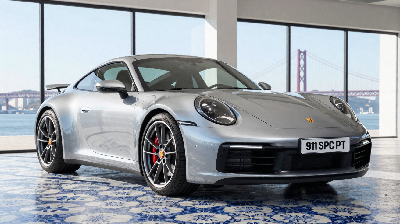 Carro esportivo Porsche 911 prata em ambiente interno com piso decorado e vista para ponte e rio ao fundo.