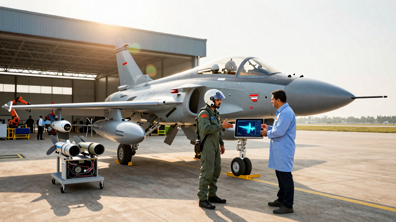 Piloto e engenheiro conversam perto de jato militar cinza estacionado em hangar sob luz do dia.