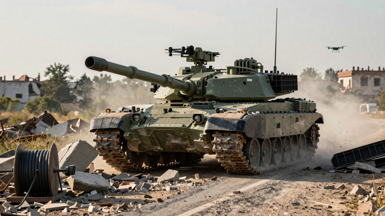 Tanque militar verde avançando em estrada de terra com destroços ao redor e drone ao fundo.