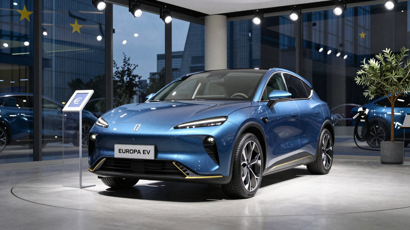 Carro elétrico Europa EV azul em exposição interna com luzes e plantas ao redor.