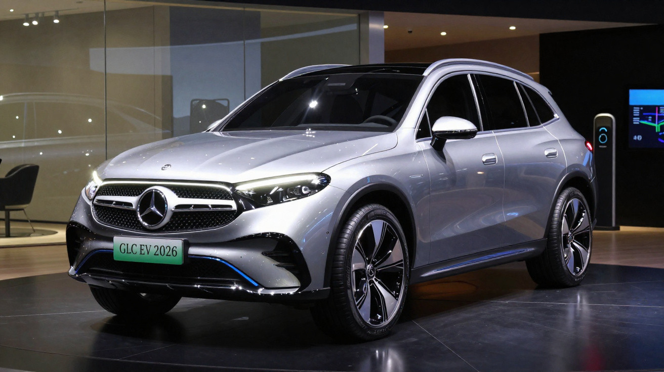 SUV elétrico Mercedes-Benz GLC EV prata exibido em vitrine com iluminação interna.