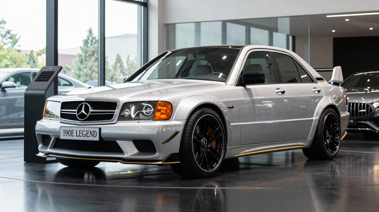 Carro Mercedes-Benz 190E Legend branco com rodas pretas em exposição interna moderna.