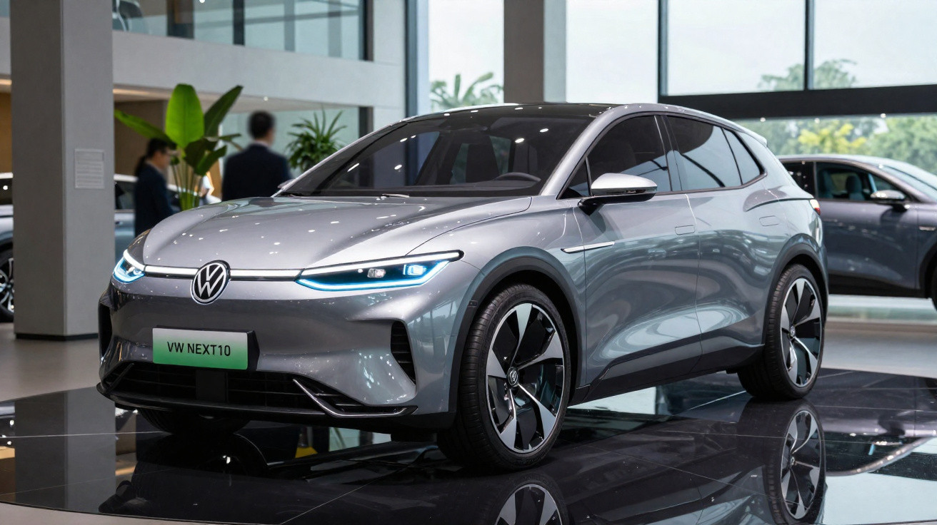 Carro elétrico cinza Volkswagen VW NEXT 10 exposto em salão moderno com piso brilhante e plantas ao fundo.