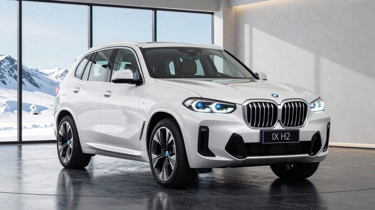 SUV branco BMW iX H2 estacionado em showroom com janelas mostrando paisagem de montanhas com neve.