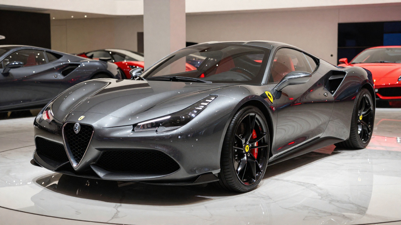 Carro esportivo cinza metálico com design aerodinâmico exposto em salão de automóveis.