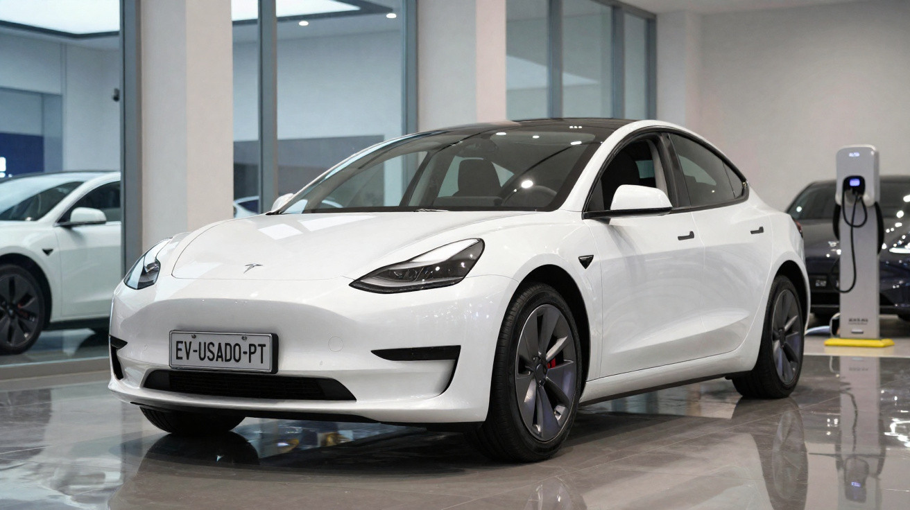Carro elétrico branco Tesla Model 3 estacionado em showroom com ponto de recarga ao fundo.
